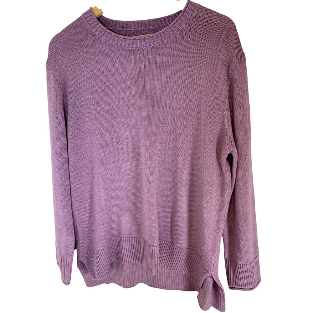 Lilac rolled Crewneck Knit Sweater L Cotton fisherman Minimalist Soft Cozy Women